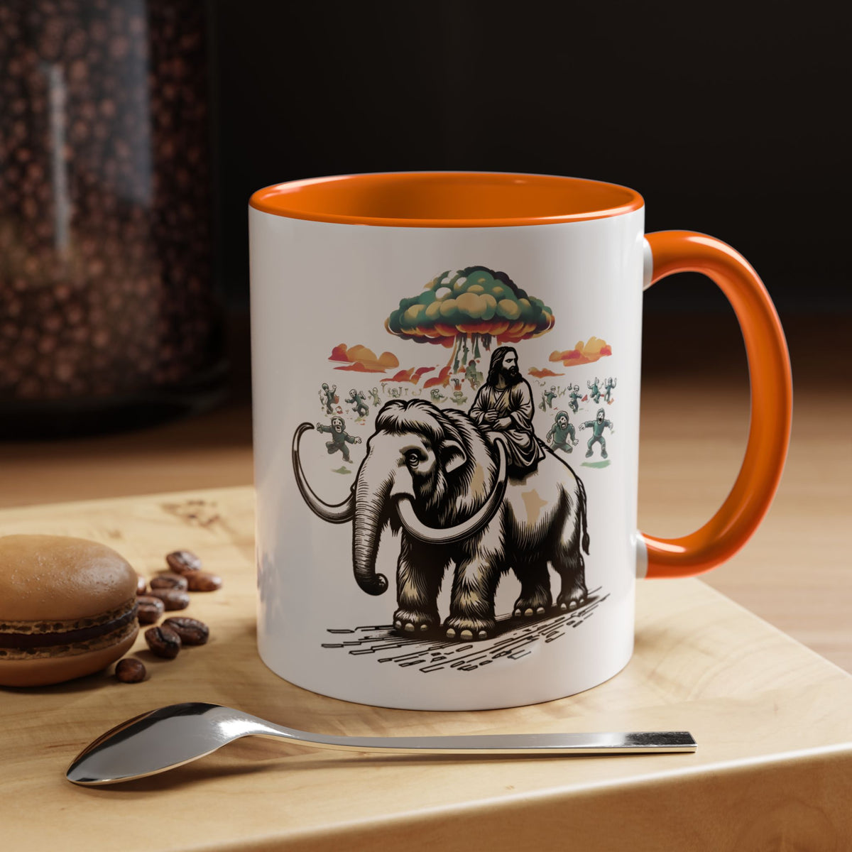 Apocalypse Mug – Jesus on a Woolly Mammoth with Zombies Coffee Mug