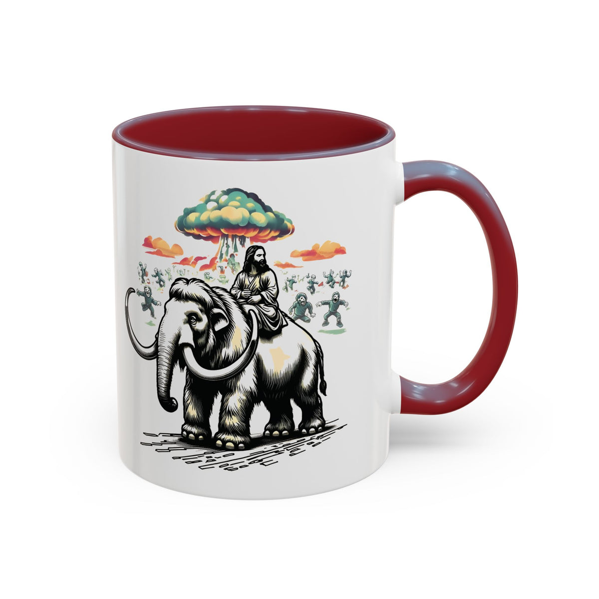 Apocalypse Mug – Jesus on a Woolly Mammoth with Zombies Coffee Mug