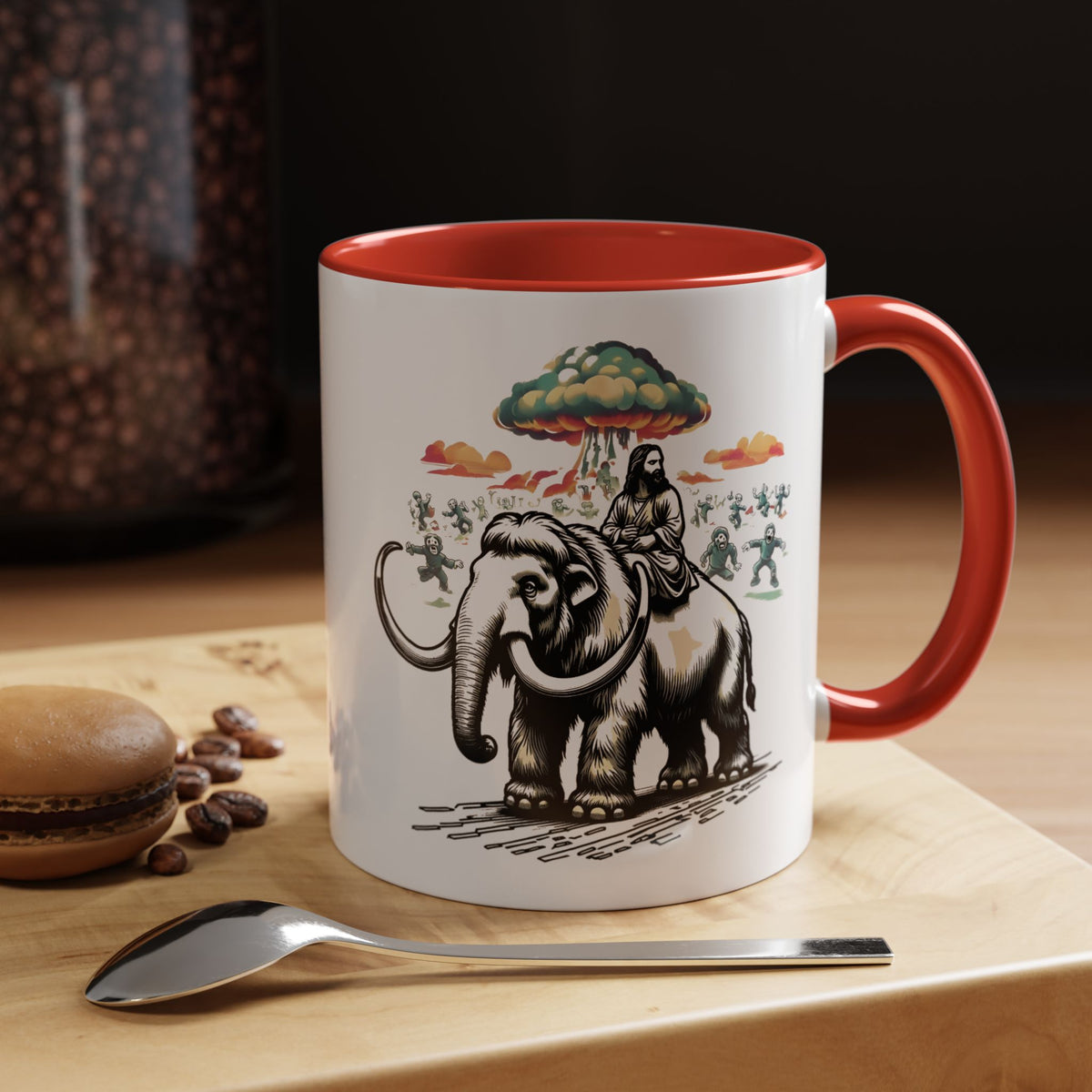 Apocalypse Mug – Jesus on a Woolly Mammoth with Zombies Coffee Mug