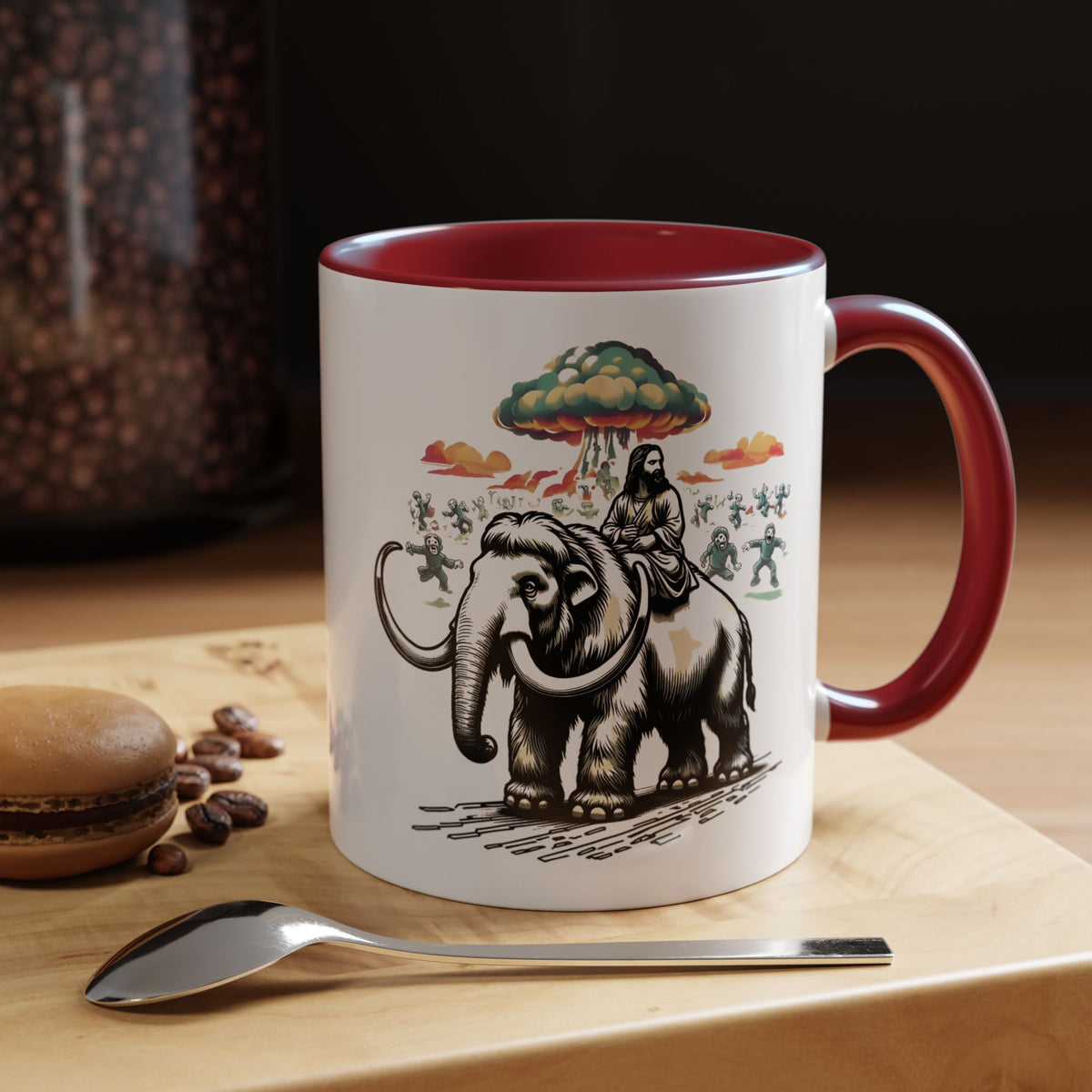 Apocalypse Mug – Jesus on a Woolly Mammoth with Zombies Coffee Mug