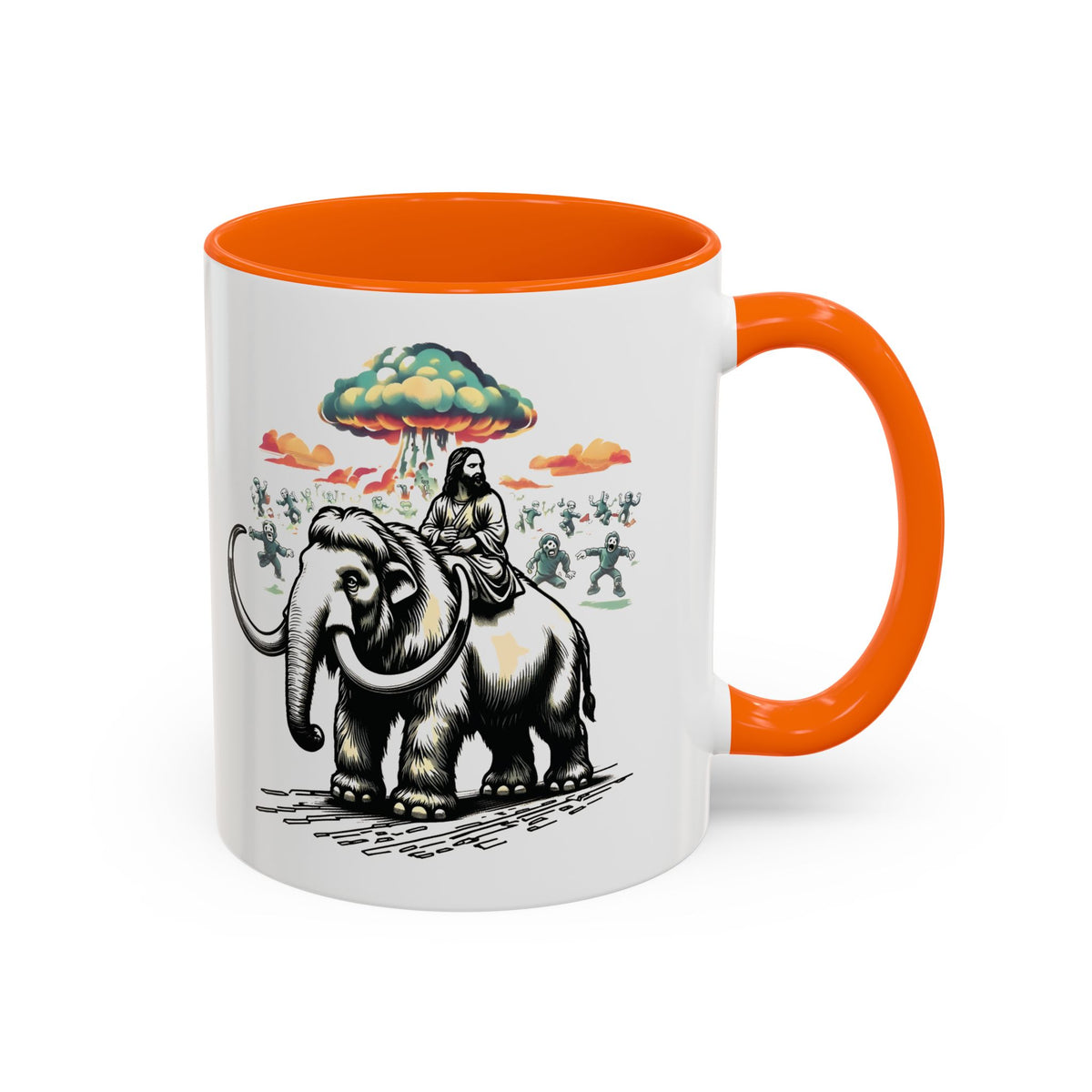 Apocalypse Mug – Jesus on a Woolly Mammoth with Zombies Coffee Mug