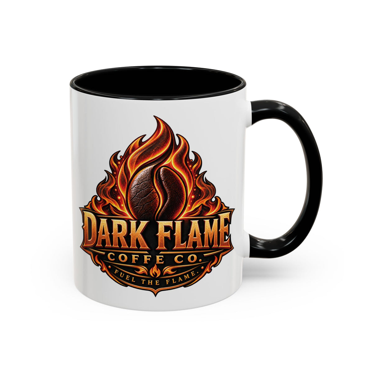 Dark Flame Coffee Co. 11 oz Black Accent Mug — Bold Flame Design, Coffee Lover Gift