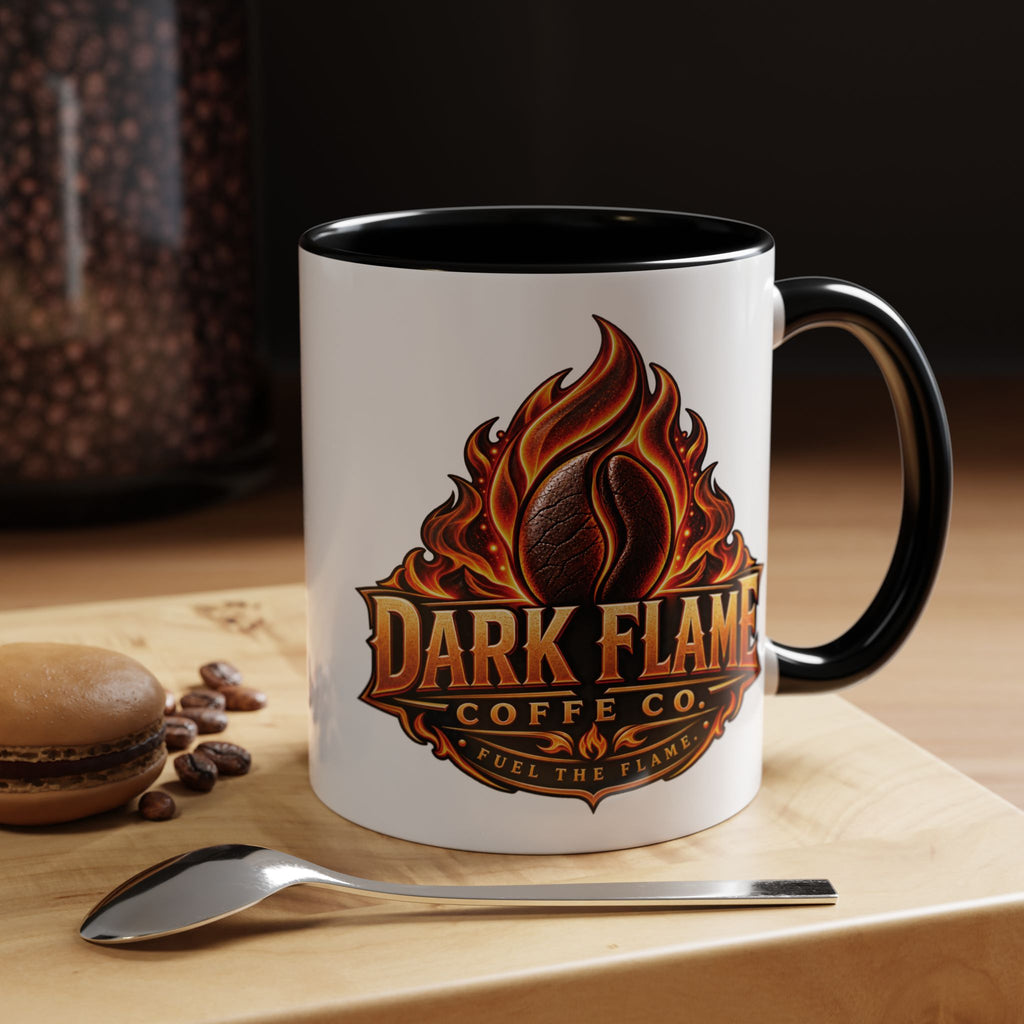 Dark Flame Coffee Co. 11 oz Black Accent Mug — Bold Flame Design, Coffee Lover Gift