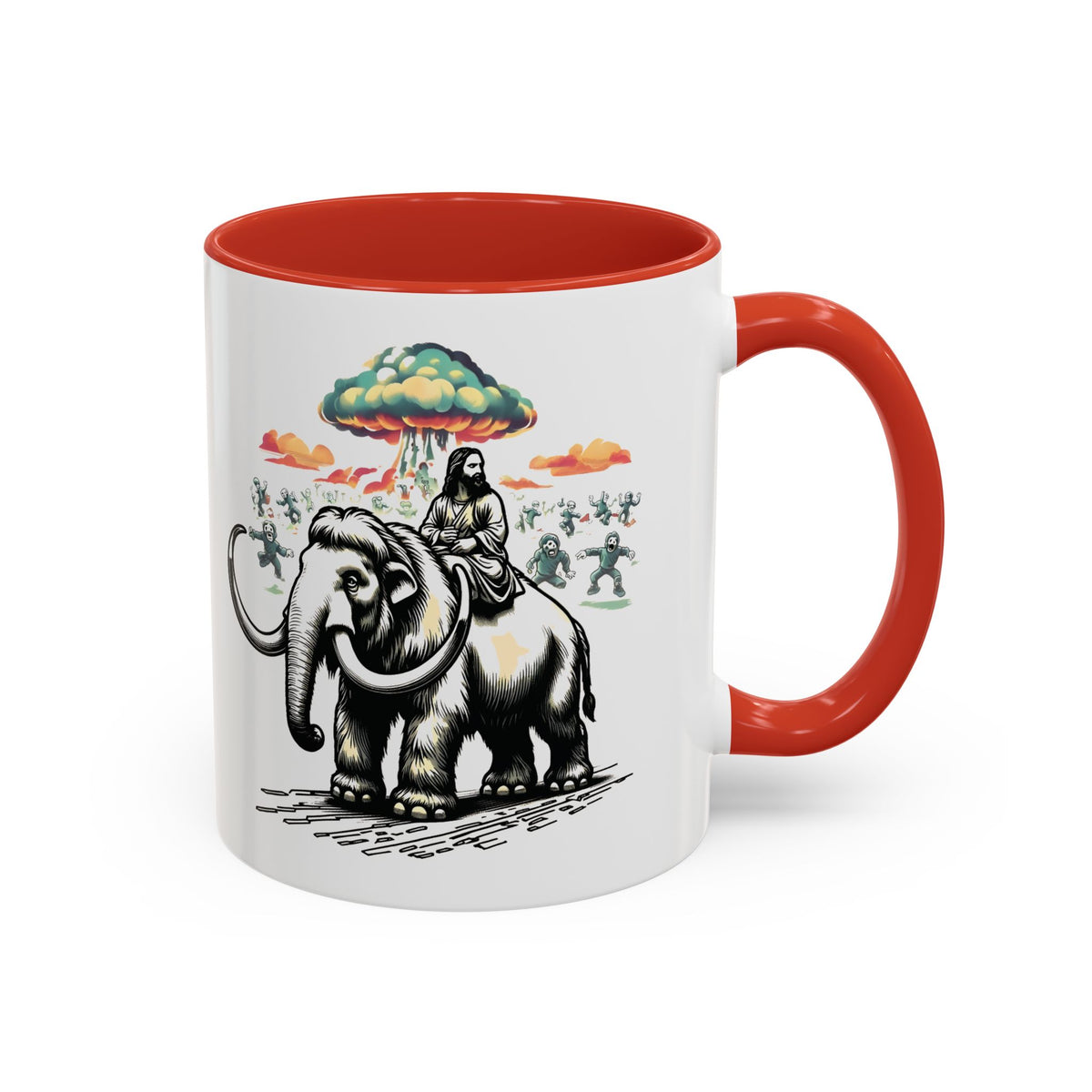 Apocalypse Mug – Jesus on a Woolly Mammoth with Zombies Coffee Mug